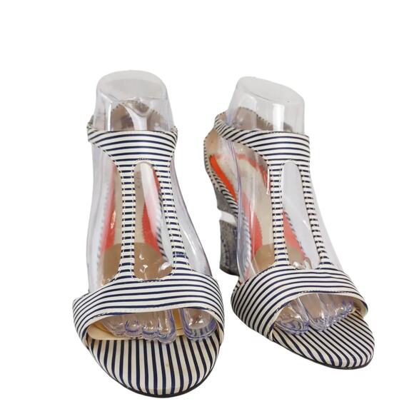 Y2K Lela Rose Women's 8.5 Navy Striped Boho Fabric Strappy Wedge Heels Sandals - Picture 8 of 8